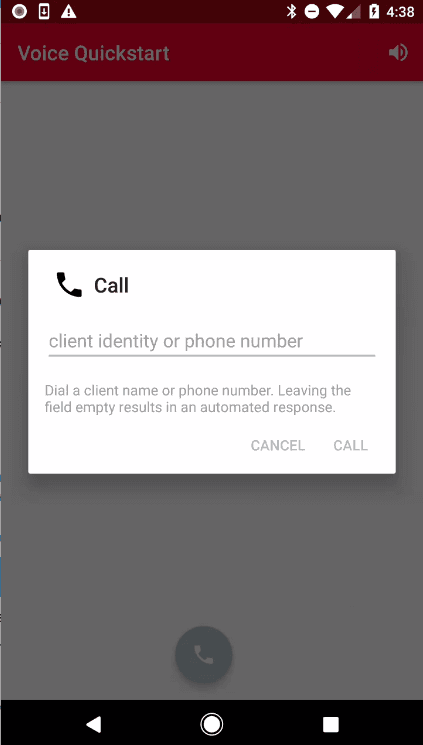 Call interface with fields for client identity or phone number, with options to cancel or make the call.