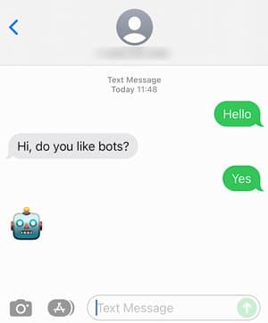 Text conversation with a bot asking if the user likes bots, user replies yes.