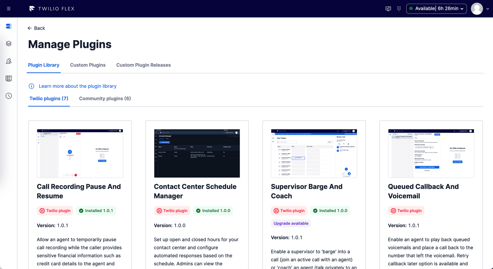Twilio Flex manage plugins page showing plugin library with options for Twilio and community plugins.