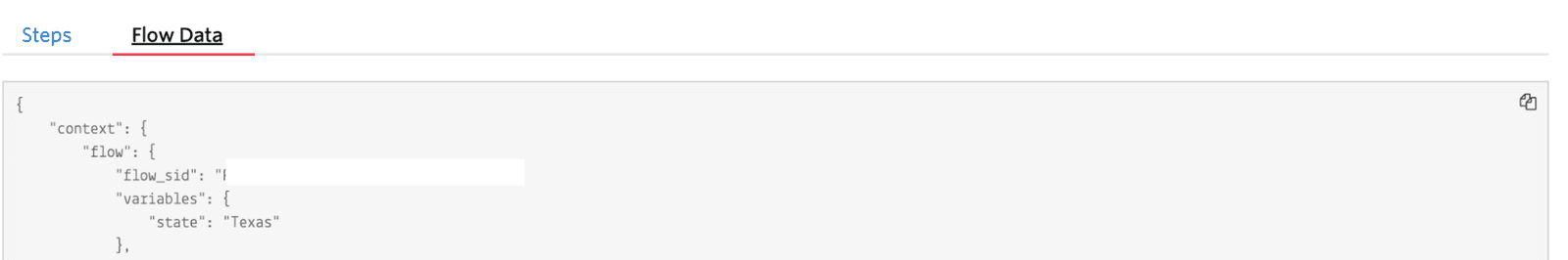 Flow data showing context with flow_sid and state variable set to Texas.