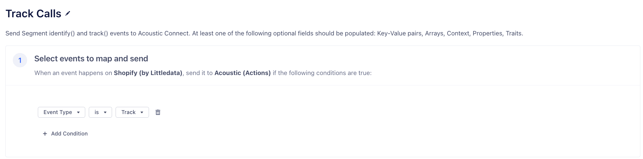 Track calls UI for mapping Shopify events to Acoustic with conditions.
