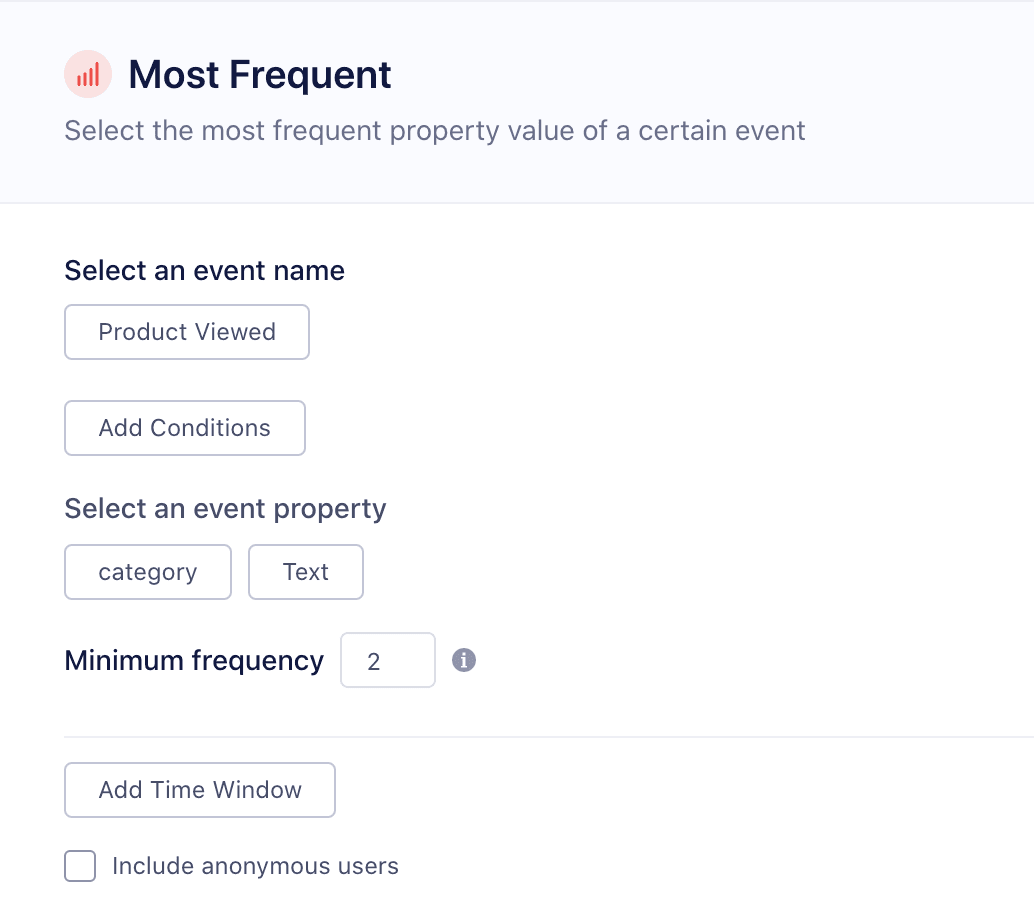 Interface for selecting most frequent event property with options for event name, property, and frequency.