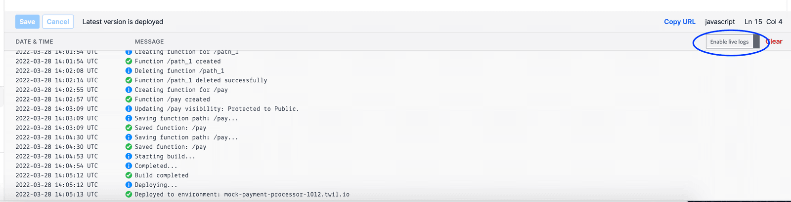 Toggle 'Enable live logs' at top right of logs pane.