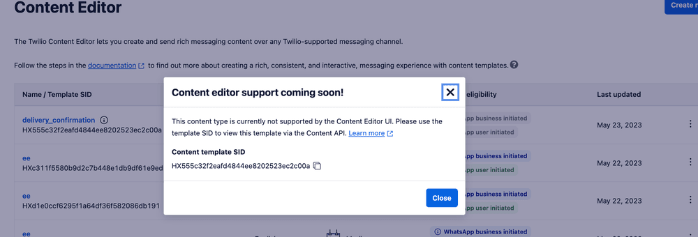 Content editor support notice with template SID and instructions for unsupported content type.