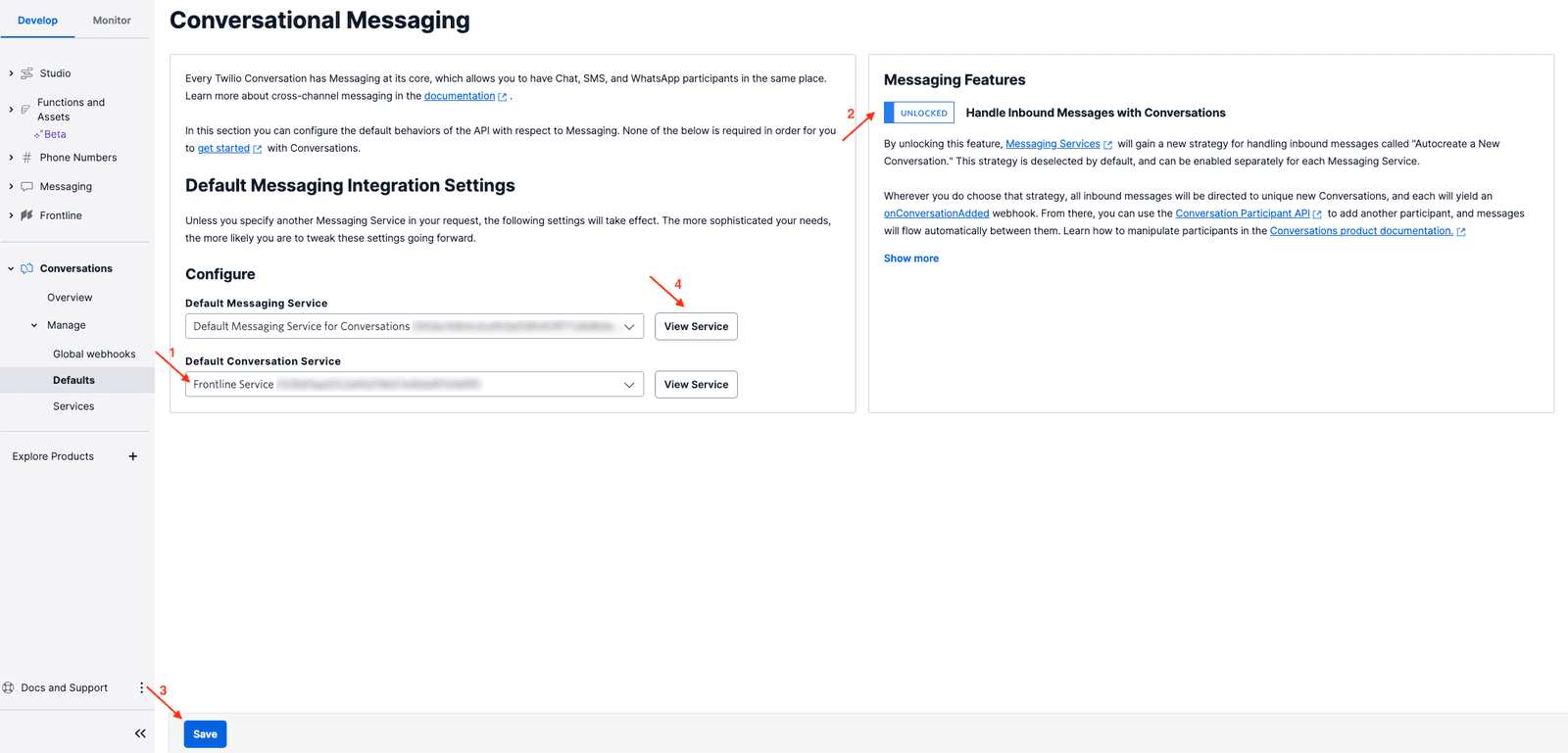 Twilio Console showing default messaging and conversation service settings with save button.