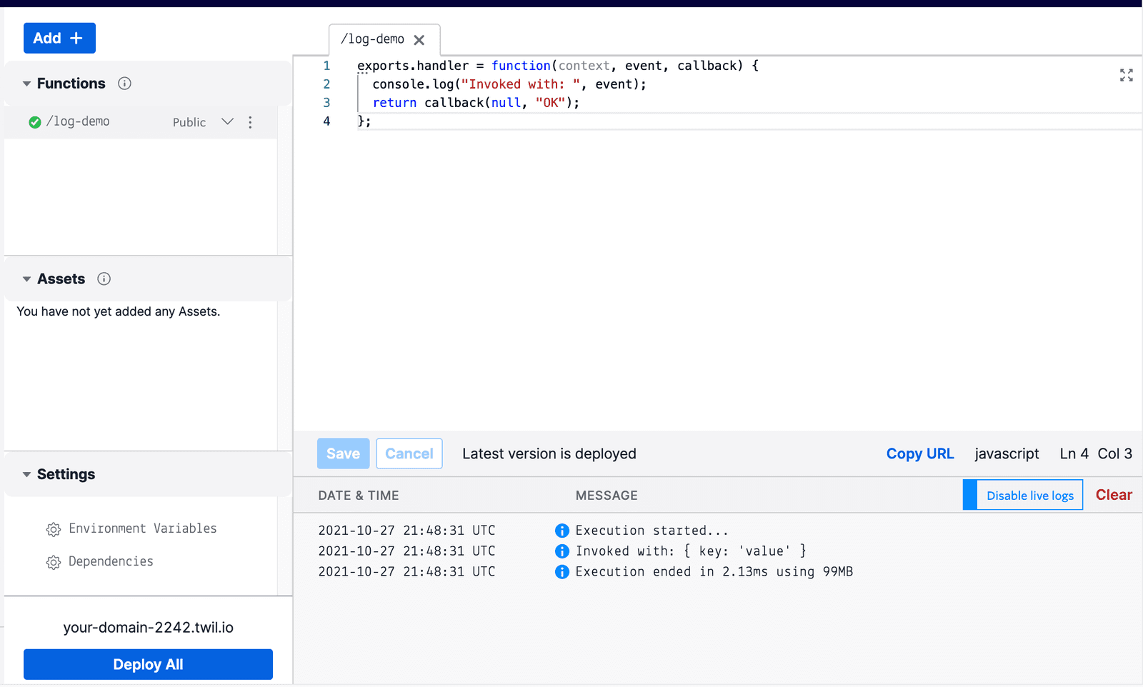 Code editor showing a function with logs of execution start, invocation, and end.