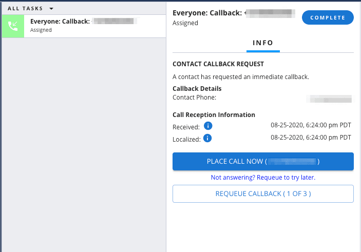 Interface showing callback request details with options to place call or requeue.
