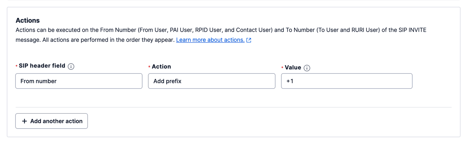 SIP header field 'From number' with action 'Add prefix' and value '+1'.