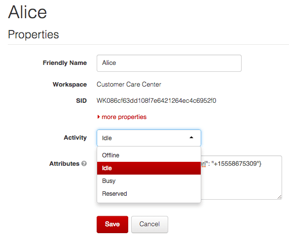 Alice's activity status set to Idle in Customer Care Center workspace.