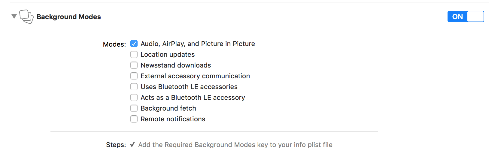 Background modes with Audio, AirPlay, and in selected.