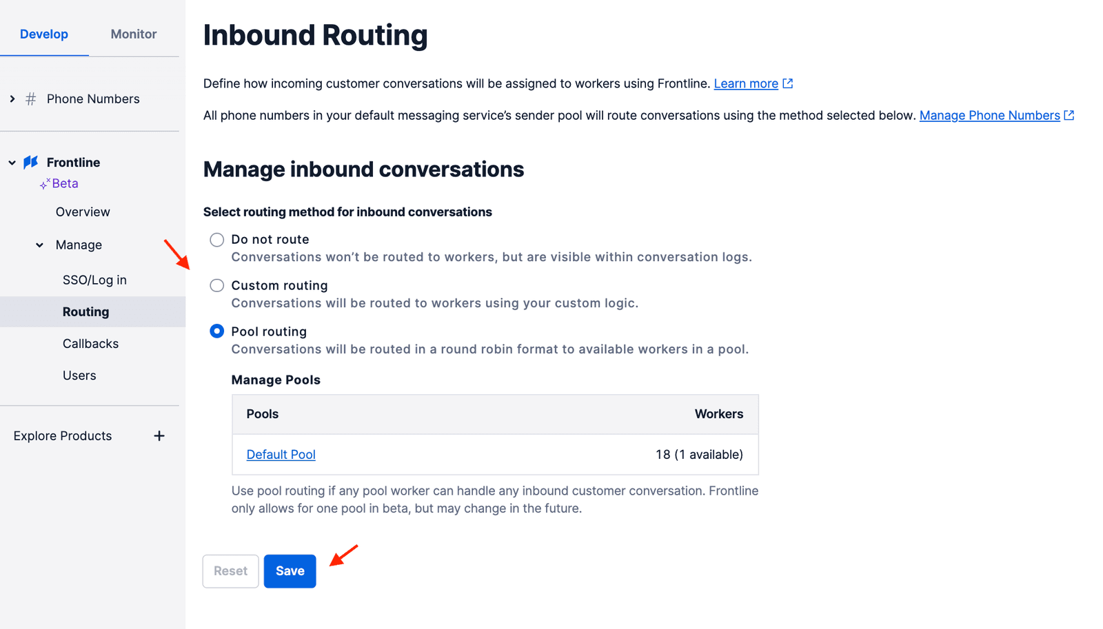 Inbound routing options for managing conversations with pool routing selected.