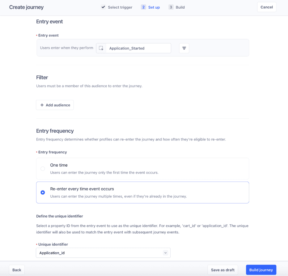 Journey setup screen with Application_Started entry event, re-entry enabled, and Application_id as unique identifier.