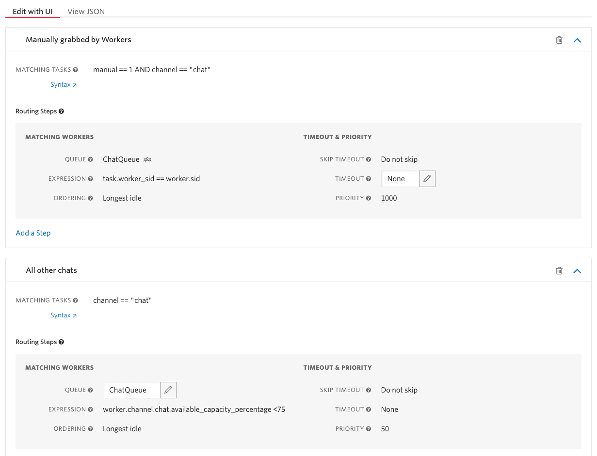 Task Router UI showing chat channel query with routing steps and worker matching conditions.