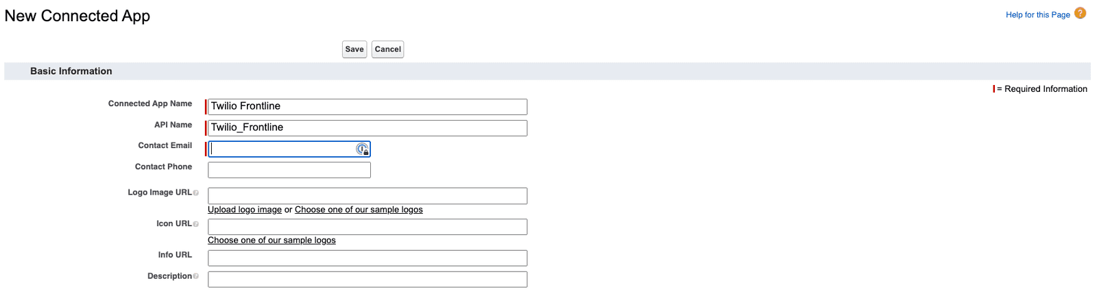 Salesforce form for creating a Twilio Frontline connected app with fields for app name, API name, and contact details.