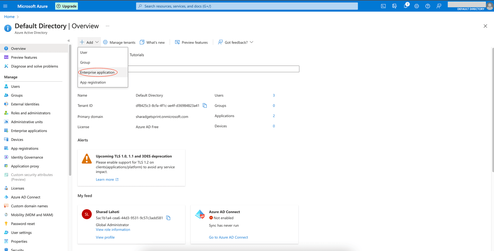 Azure AD portal showing the option to add an Enterprise application.