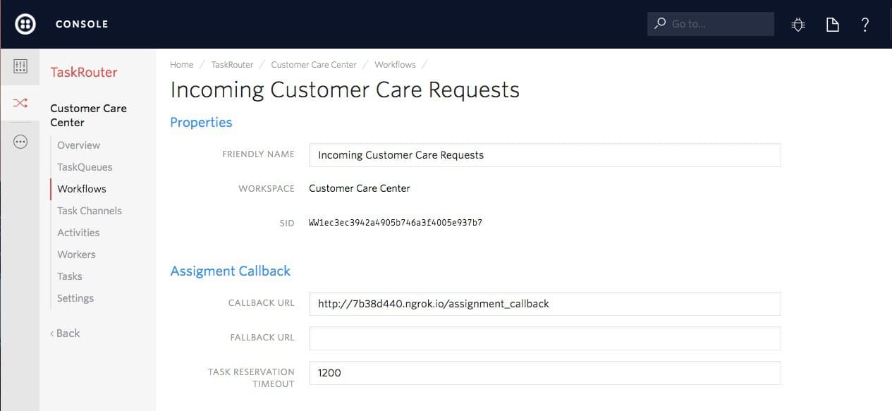 Set callback URL for Incoming Customer Care Requests in TaskRouter console.