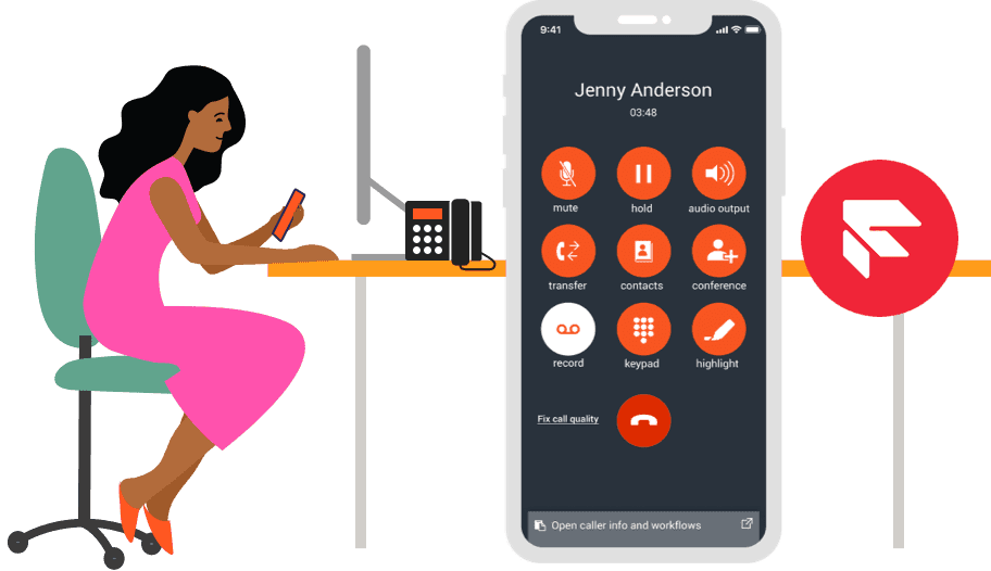 A woman using a phone with Spoke Phone app interface showing call options.