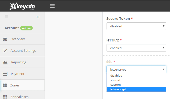 KeyCDN settings with SSL set to Let's Encrypt, HTTP/2 enabled, and Secure Token disabled.