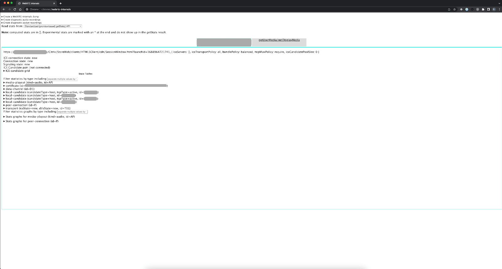 WebRTC internals showing ICE connection state and stats tables for media and peer connections.