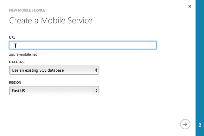 Form to create a mobile service with URL, database, and region options.