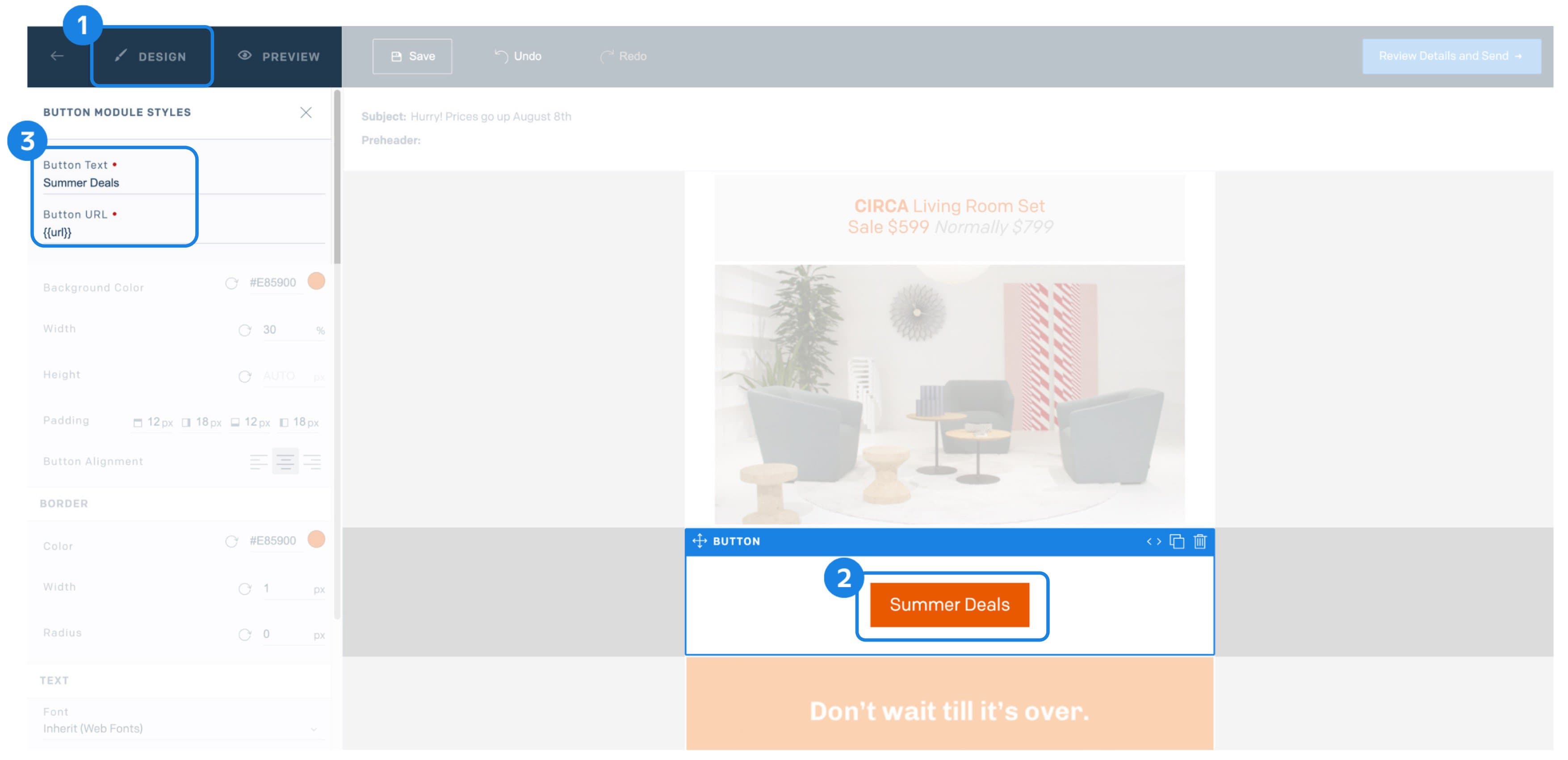 Twilio SendGrid Design Editor showing Button Module with 'Summer Deals' text and URL placeholder.