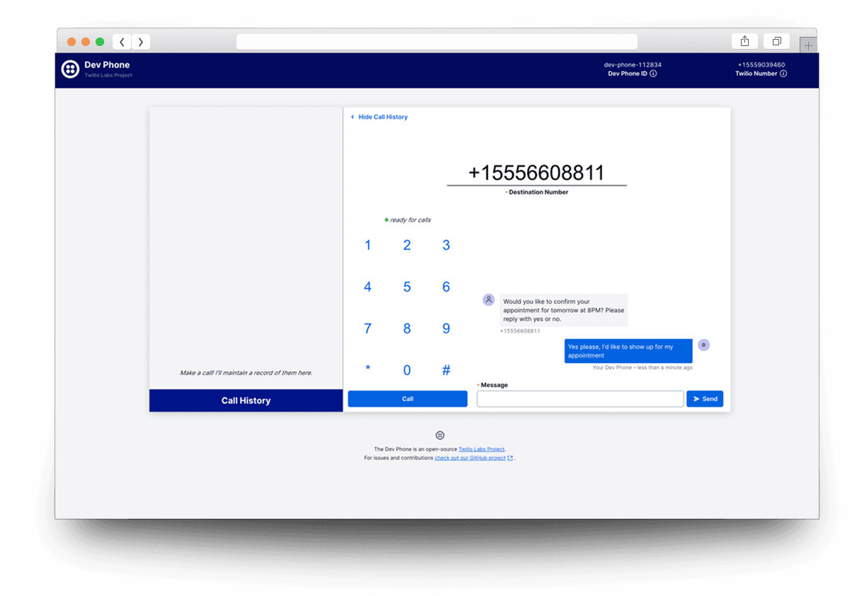 Dev Phone interface with dial pad, call history, and messaging feature.