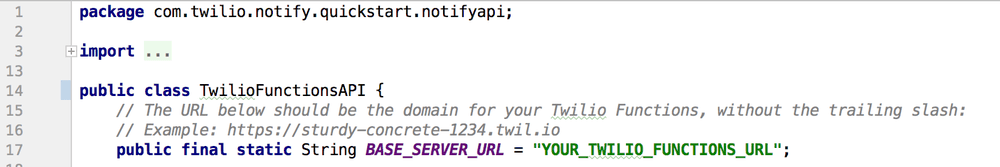 Code snippet showing TwilioFunctionsAPI with placeholder for Twilio Functions URL.