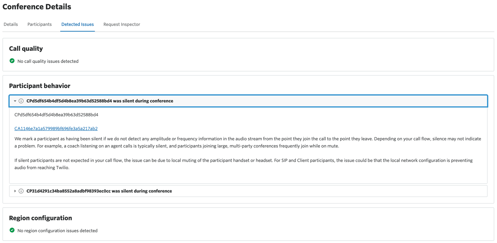 Conference details showing no call quality issues and silent participant behavior detected.