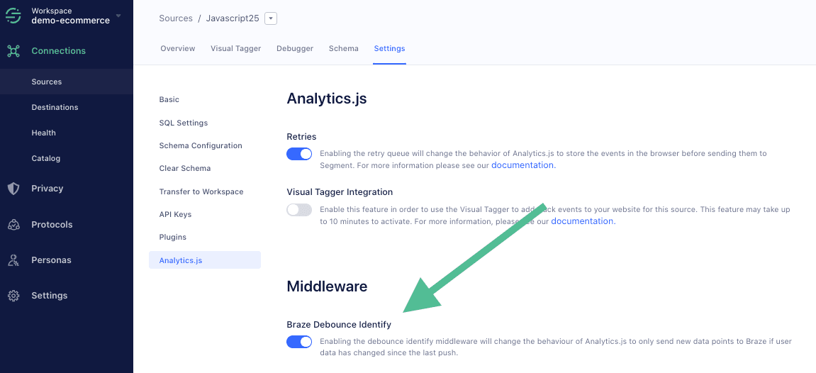 Settings page showing Braze Debounce Identify middleware toggle enabled.