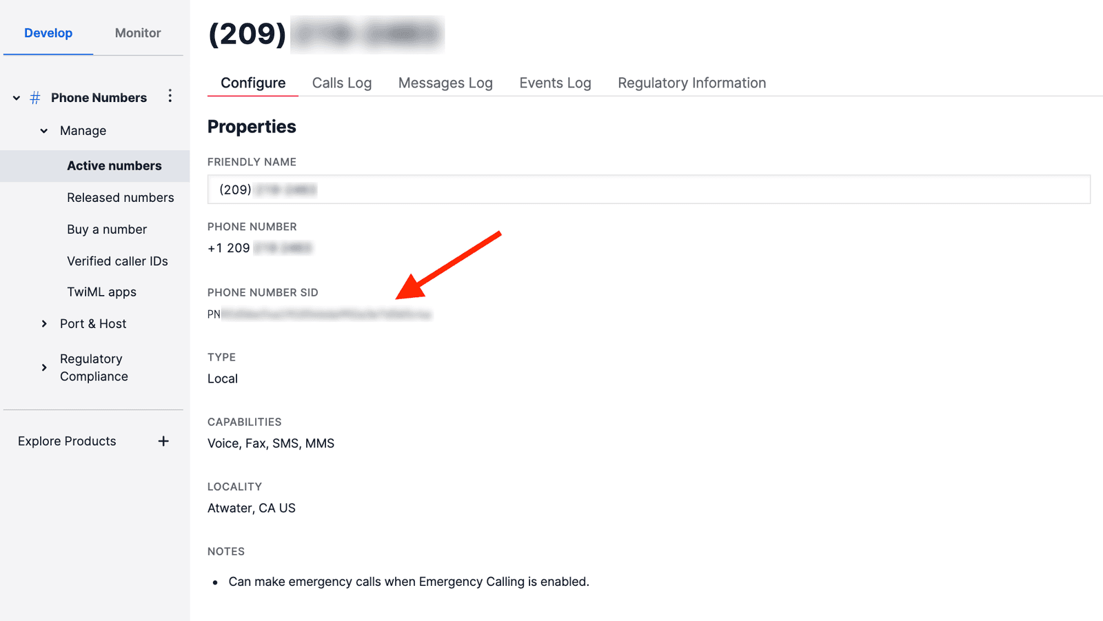 Twilio console showing phone number SID with red arrow pointing to it.