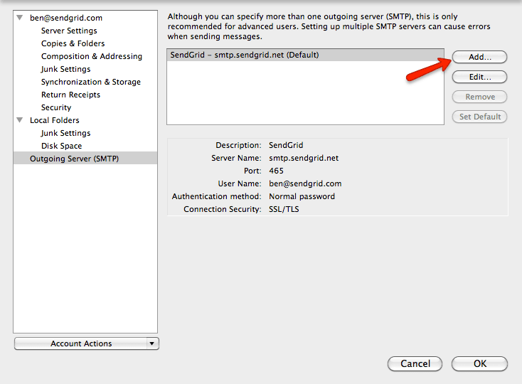 Thunderbird SMTP settings with SendGrid server highlighted and add button indicated.