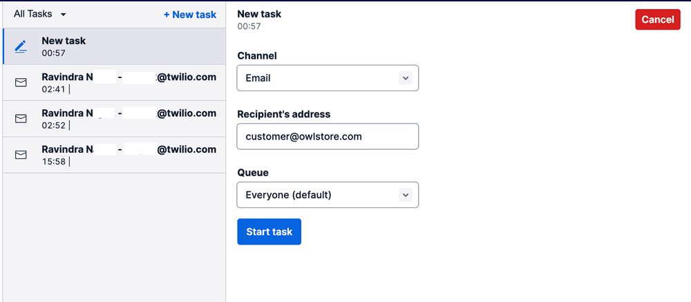 Email task setup with channel, recipient, and queue options.