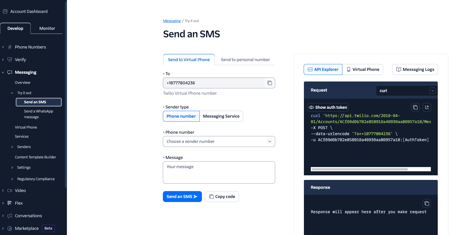 Twilio SMS interface with fields for recipient, sender type, message, and curl request example.