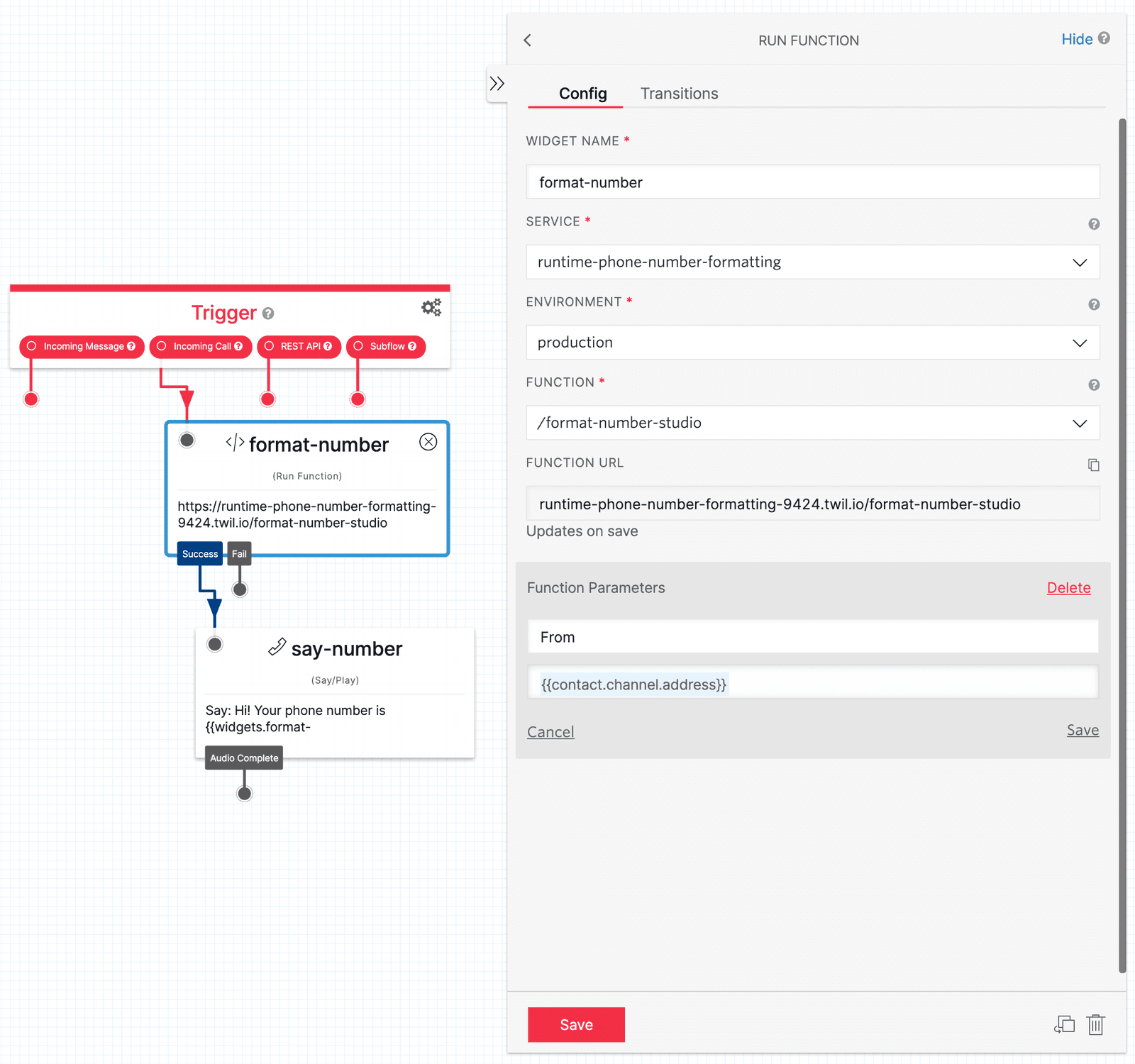Twilio Studio Flow with Run Function widget for phone number formatting.