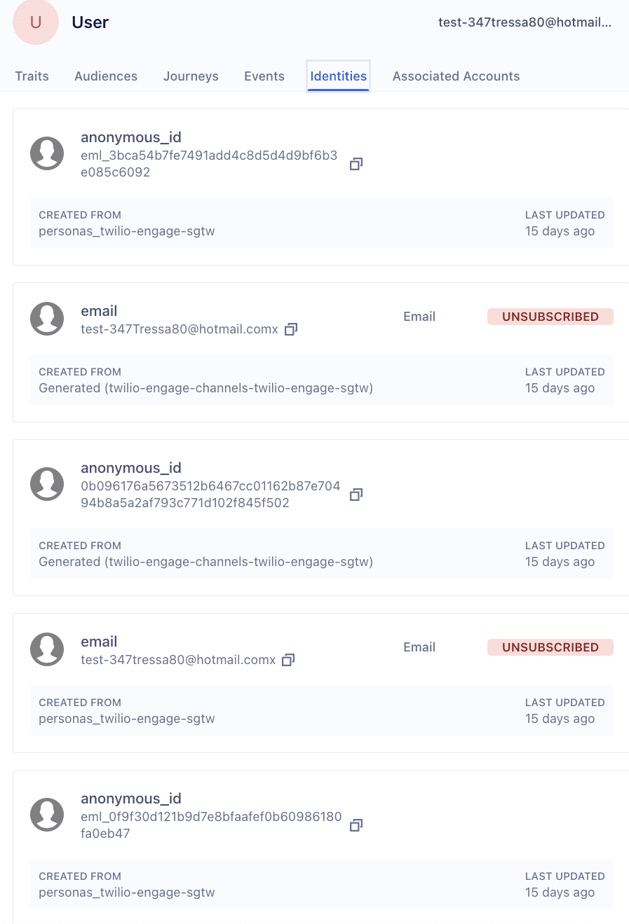 User profile showing anonymous IDs and email with unsubscribe status.