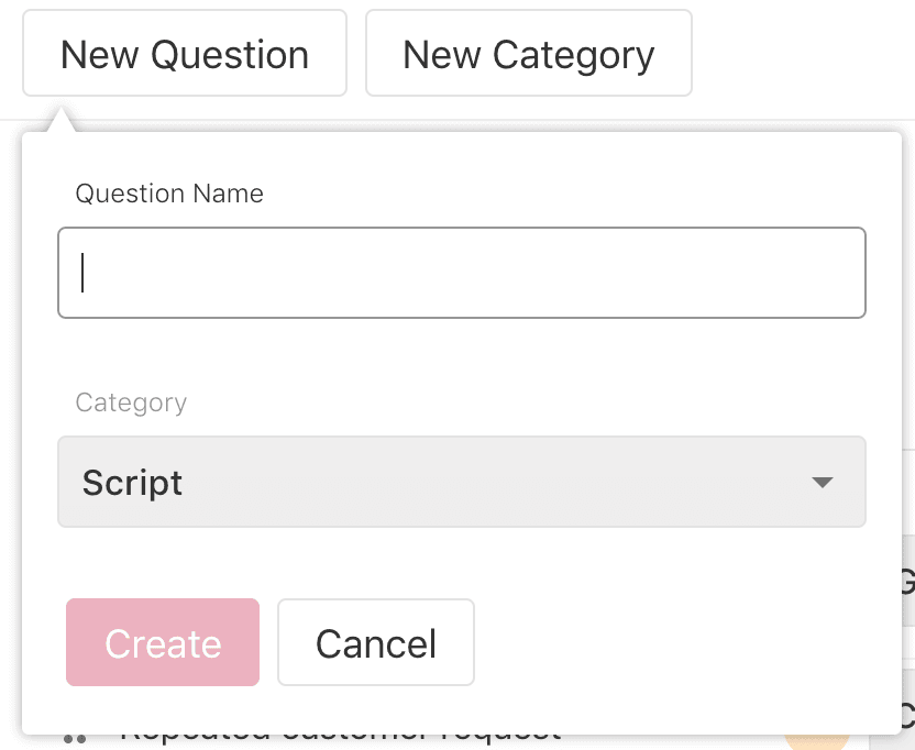 Form for creating a new question with fields for question name and category, defaulting to Script.