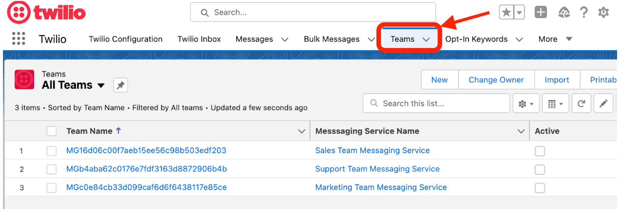 Twilio interface showing Teams dropdown and list of messaging services.