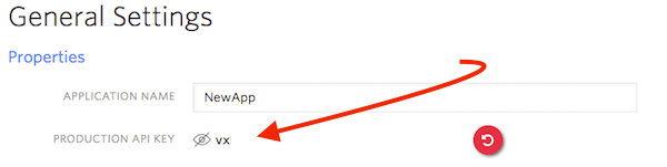 General settings showing application name 'NewApp' and obscured production API key.