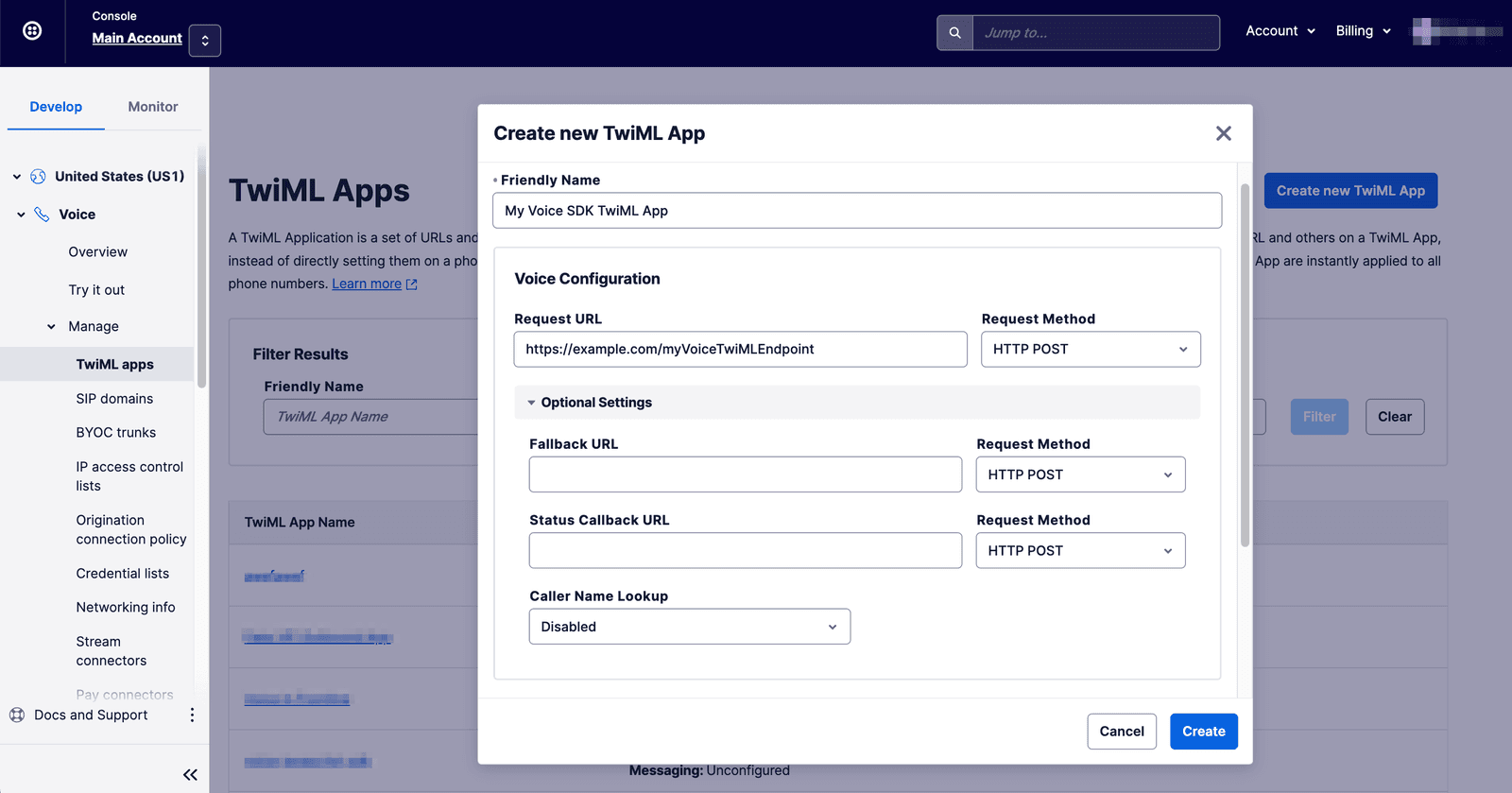 Form to create a new TwiML app with fields for friendly name and voice configuration URLs.