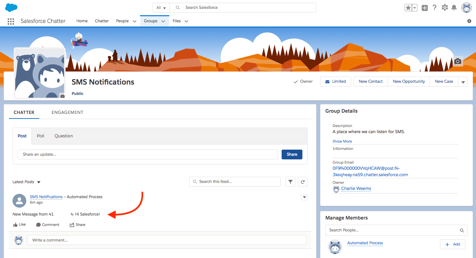 Salesforce Chatter SMS Notifications group with a new message saying 'Hi Salesforce!'.