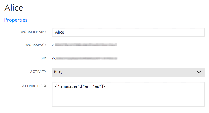 Worker Alice is busy with attributes showing languages English and Spanish.