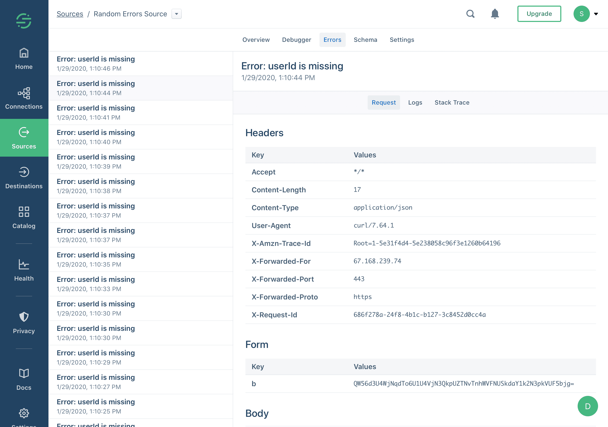 Error logs showing 'userId is missing' with request headers and details.