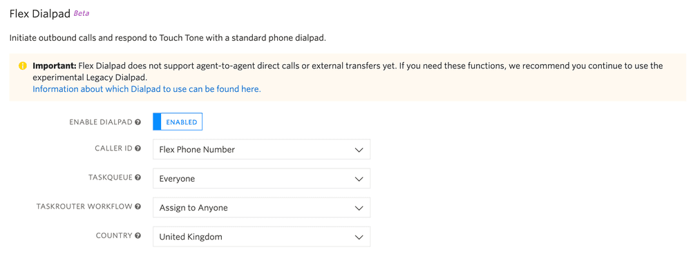 Flex Dialpad settings with options for enabling dialpad, caller ID, task queue, workflow, and country.