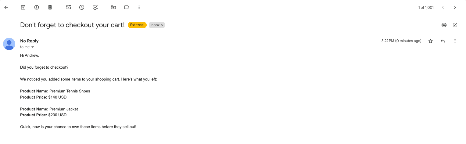 Abandoned cart email with items: Premium Tennis Shoes $140, Premium Jacket $200.