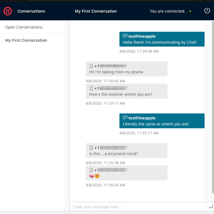 Chat interface showing a conversation with messages about weather and communication.
