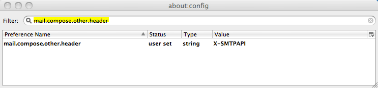 Thunderbird config showing mail.compose.other.header set to X-SMTPAPI.
