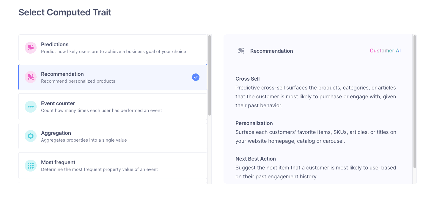 The 'Select Computed Trait' screen, with Recommendation selected.