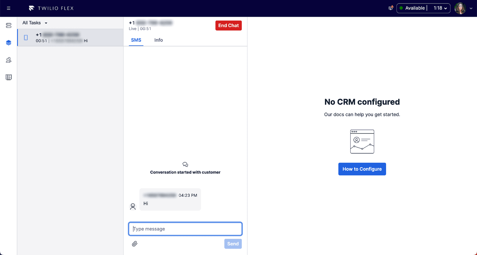 Agent View for an active SMS task.