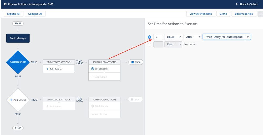 Process builder showing autoresponder SMS schedule setup with time delay options.
