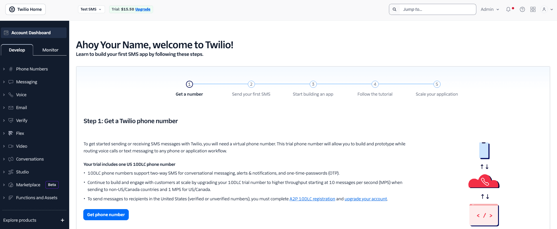 Twilio Console showing step 1 to get a phone number for SMS app setup.